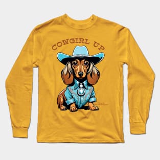 COWGIRL UP (Brown and cream dachshund with blue hat) Long Sleeve T-Shirt